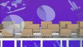 Animation of financial data processing over cardboard boxes on conveyor belts. Global finance, business, connections, computing and data processing concept digitally generated video. - Powered by Shutterstock - Get 15% off with code: PIKWIZARD15
