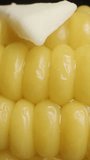 Vertical video. A piece of butter is melting on hot boiled corn and dripping down. Macro shot with slider movement.