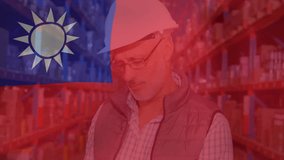Animation of flag of taiwan over happy senior caucasian male worker in warehouse. Taiwanese, business, industry, economy and distribution, digitally generated video. - Powered by Shutterstock - Get 15% off with code: PIKWIZARD15