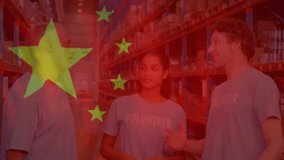 Animation of flag of china over diverse male and female volunteers high fiving in warehouse. Chinese, business, charity, teamwork, economy and distribution, digitally generated video. - Powered by Shutterstock - Get 15% off with code: PIKWIZARD15