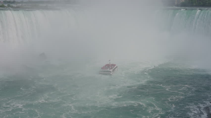 Aerial: Drone Forward Shot Of Passenger Ship Moving In Niagara River - Niagara Falls, Canada
