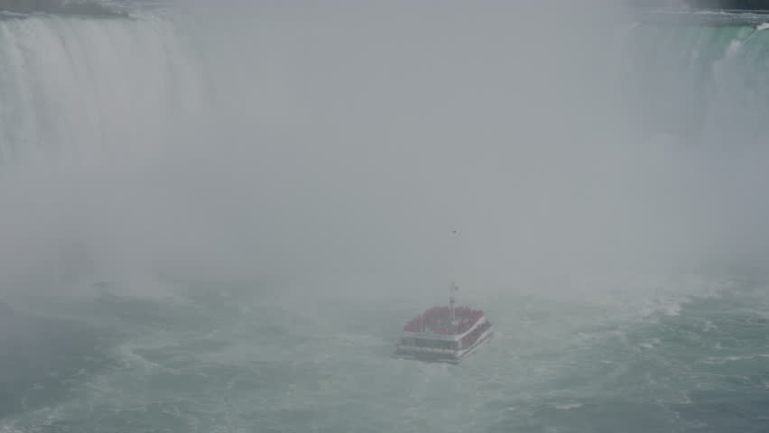 Aerial Forward Scenic View Of Passenger Moving In Niagara Falls While People Exploring During Vacation