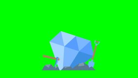 Blue diamond. Shovel and pickaxe with wooden handle for extraction diamonds. Pickaxe, shovel, mining tool, treasure hunting logo or emblem. Isolated. 2d flat animation. Alpha channel. Chroma key