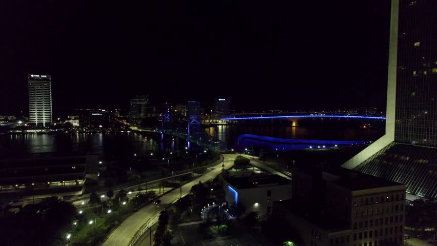 Drone footage of Downtown Jacksonville Florida at Night