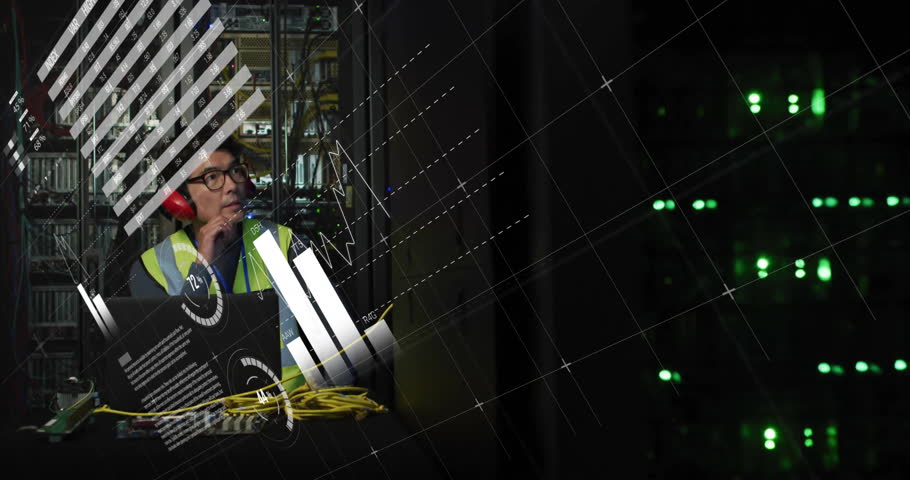 Animation of data processing over african american male it engineer by computer servers. Global finance, business, connections, computing and data processing concept digitally generated video.