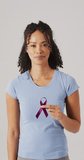 Vertical video of happy biracial woman holding purple ribbon on grey background. health, medicine, prevention and cancer awareness concept.