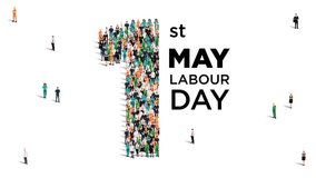 Happy labour day concept poster. Large group of people form to create number 1 as labor day is celebrated on 1st of may. 4K Video. - Powered by Shutterstock - Get 15% off with code: PIKWIZARD15