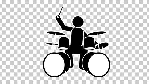 Black Stick Figure  Character Drummer. Footage With Alpha Matte