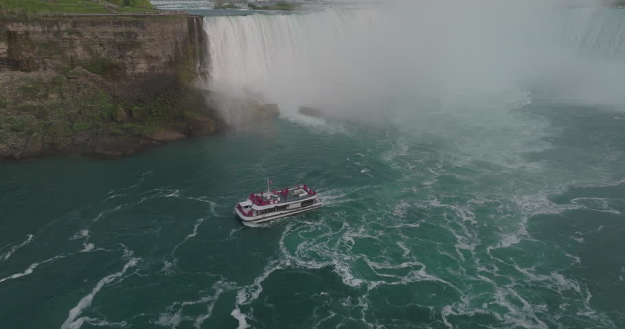 Aerial: Drone Panning Descending Shot Of People In Ship Moving On Niagara Falls During Vacation