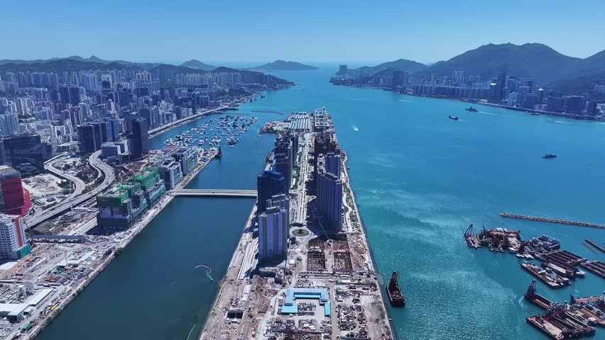 Kai Tak Construction Residential high-rise housing project along the seaside promenade near Victoria Harbour Hong Kong