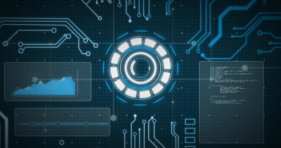 Animation of scope scanning over data processing with connections. Technology and digital interface concept digitally generated video.