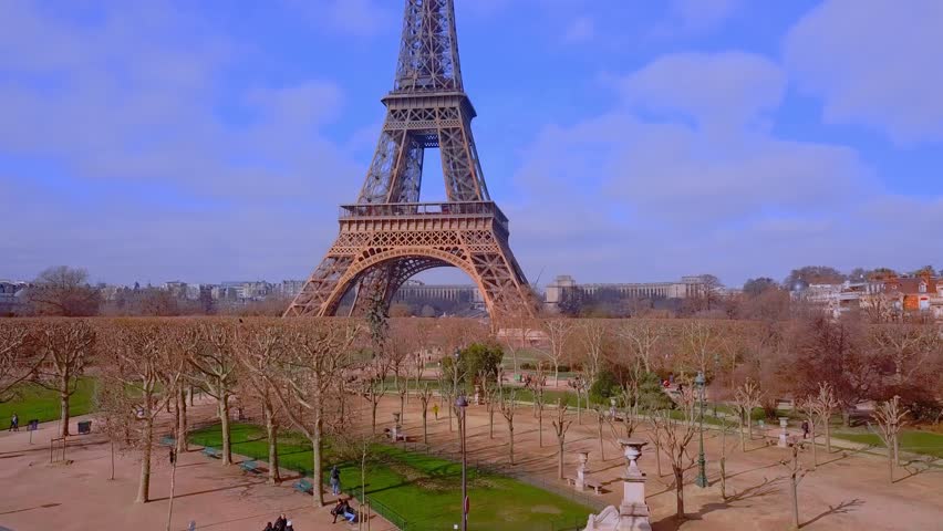 Aerial close up view of Paris Eiffel Tower Tour de Eiffel from bottom to top and panoramic view over Seine River and Paris Royalty-Free Stock Footage #3470322271
