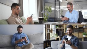 Collage diverse mature mix businessman, businesswoman working online on digital mobile phone app in office. 30s 40s mature businesspeople, business man, woman entrepreneur using smartphone cell device - Powered by Shutterstock - Get 15% off with code: PIKWIZARD15