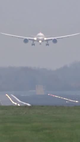 longhaul passenger jet airplane modern front view landing at generic airport