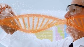 Animation of dna strand and scientific data processing over female caucasian scientist in laboratory. Global science, connections, computing and data processing concept digitally generated video. - Powered by Shutterstock - Get 15% off with code: PIKWIZARD15