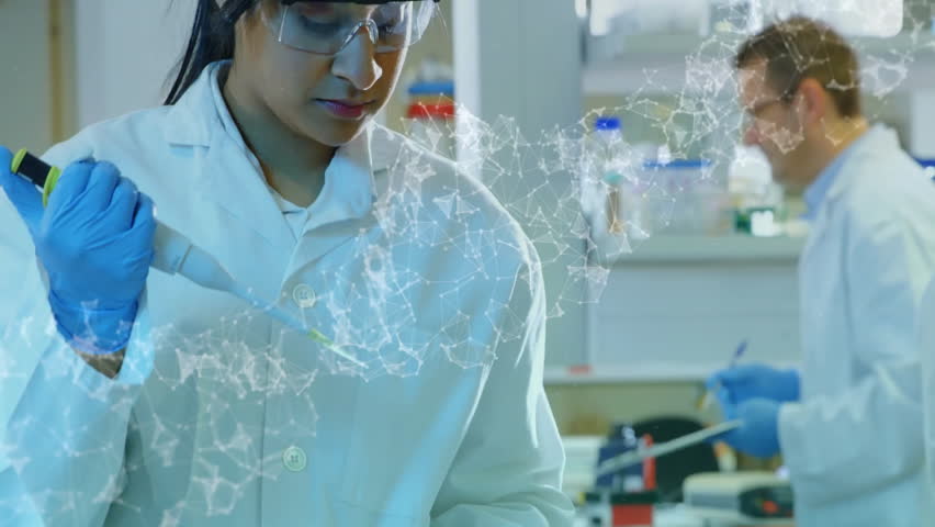 Animation of dna strand and scientific data processing over diverse scientists in laboratory. Global science, connections, computing and data processing concept digitally generated video. - Powered by Shutterstock - Get 15% off with code: PIKWIZARD15