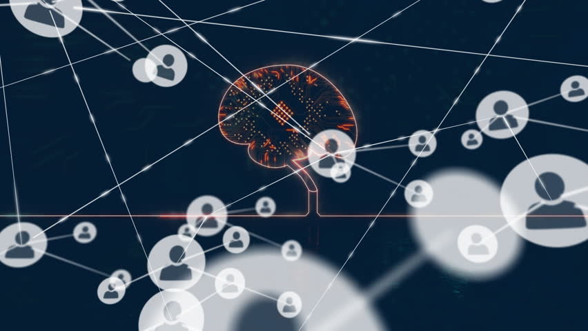 Animation of network of connections with people icons over human brain on dark background. Global connections, computing and data processing concept digitally generated video. - Powered by Shutterstock - Get 15% off with code: PIKWIZARD15