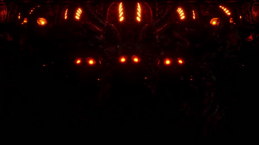 Biomechanical Wall VJ Loop - Giger Inspired Biomechanical wall built by skulls with glowing eyes and crosslike jaws with embedded tubes. It is perfect to use on VJ thematic sets, metal and gothic fest