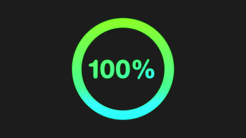 Circle percentage diagrams. Green neon glowing counter. Futuristic loading circle ring. Loading transfer download animation 0-100%. Alpha channel, 4K.