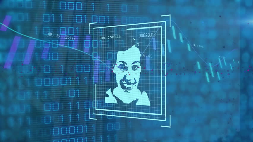 Animation of digital face identity scans over charts and binary data processing on blue. Security, data, connection, processing, digital interface and communication, digitally generated video. - Powered by Shutterstock - Get 15% off with code: PIKWIZARD15