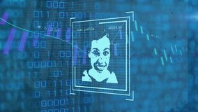Animation of digital face identity scans over charts and binary data processing on blue. Security, data, connection, processing, digital interface and communication, digitally generated video. - Powered by Shutterstock - Get 15% off with code: PIKWIZARD15