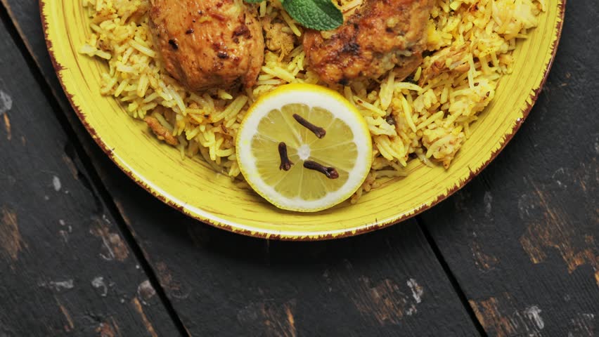 Indian Traditional Chicken Biryani Rice with Spices on Yellow Plate, Close-up Shot Royalty-Free Stock Footage #3470489989