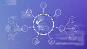Animation of network of connections with globe and icons over data processing. Global technology and digital interface concept digitally generated video. - Powered by Shutterstock - Get 15% off with code: PIKWIZARD15