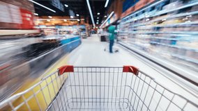 Time lapse of shopping trolley rushing inside supermarket full of food products and people. Retail store and consumerism concept. - Powered by Shutterstock - Get 15% off with code: PIKWIZARD15