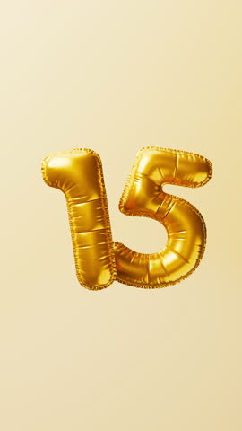 Golden balloons Number 15 rise and float animation. Anniversary concept. 3d render. 3D Illustration