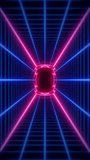 Vertical video - Retro futuristic cyberpunk grid motion background with glowing pink and blue neon light beams.	