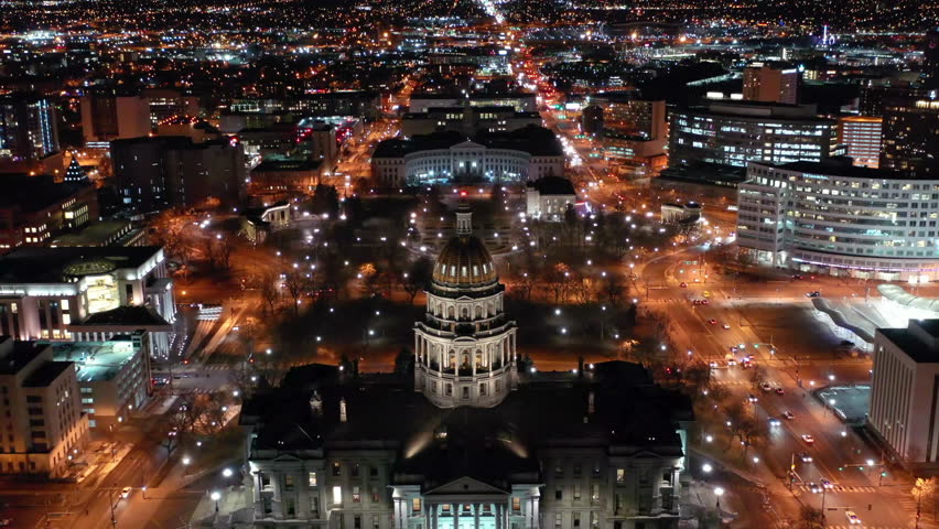 Aerial Forward Shot Of United States Capitol In Illuminated City At Night - Denver, Colorado