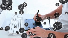 Animation of network of connections with wifi icons over caucasian businesswoman in office. Global business, connections, computing and data processing concept digitally generated video. - Powered by Shutterstock - Get 15% off with code: PIKWIZARD15