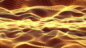 Loopable animation of hot golden particle waves. Futuristic background for science fiction, digital engineering, artificial intelligence and modern technologies. Looped screensaver, 4k video, 60 fps