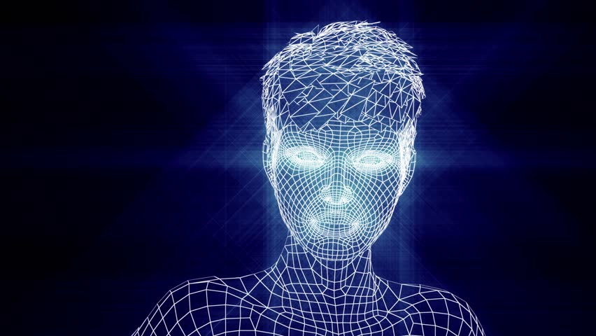 3D animation of attractive female mesh heads with grid texture. Realistic speaking motion and facial expressions. Ideal for tech, sci-fi, and digital concept projects.