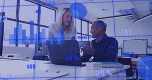 Animation of financial data processing over diverse business people in office. Global finance, business, connections, computing and data processing concept digitally generated video.