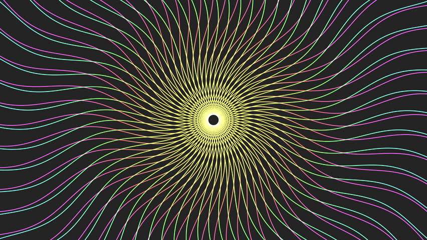 A captivating black and yellow spiral, consisting of converging yellow and pink lines, draws your attention. The center holds a mysterious black circle
