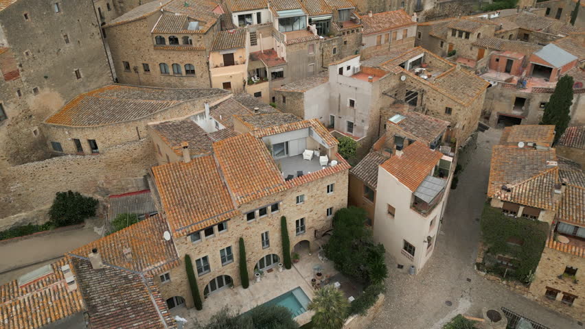  Aerial drone footage of Pals town in Girona Spain medieval town castle and ruins in Catalonia. High quality 4k footage