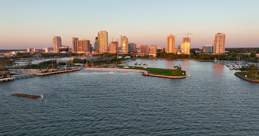 Golden sunrise illuminates downtown Saint Petersburg, Florida before the impact of hurricane Milton.