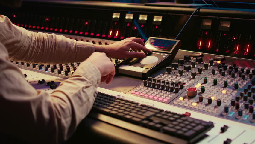 Sound designer working with sliders and switchers on control desk in professional music recording studio, editing and producing songs for a new album. Technician adjusting volume levels. Camera B. Royalty-Free Stock Footage #3471116253