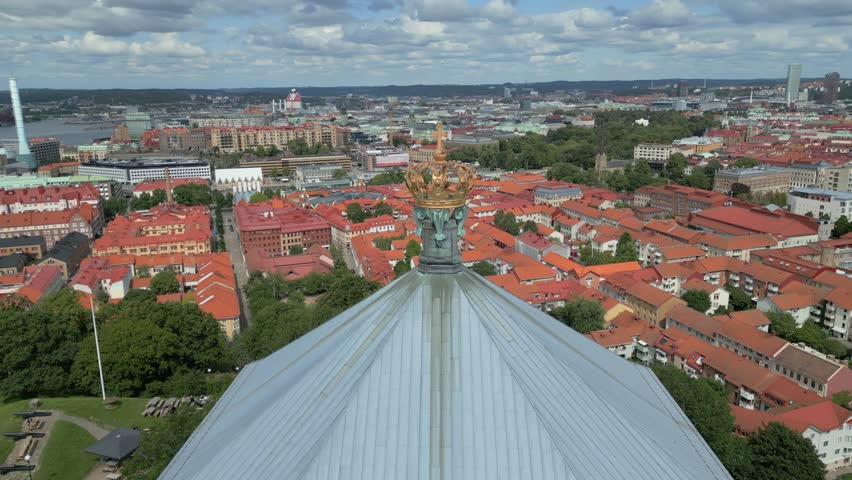 Skansen Kronan, Gothenburg, Sweden. Stone Fortification building Skansen Krona exterior Wall and Golden Crown near Haga residential area, Gothenburg sweden. Areal shot of the golden crown on top 