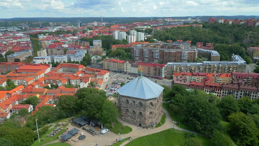 Skansen Kronan, Gothenburg, Sweden. Stone Fortification building Skansen Krona exterior Wall and Golden Crown near Haga residential area, Gothenburg sweden. Areal shot of the golden crown on top
