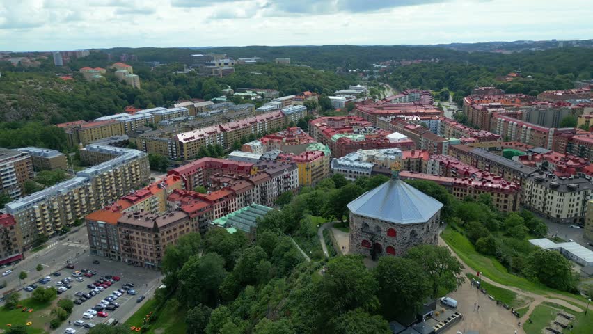 Skansen Kronan, Gothenburg, Sweden. Stone Fortification building Skansen Krona exterior Wall and Golden Crown near Haga residential area, Gothenburg sweden. Areal shot of the golden crown on top