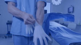 Animation of data processing and diagrams over caucasian surgeon wearing medical gloves. Medicine and digital interface concept digitally generated video.