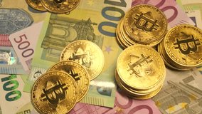 Pile bitcoin coins on table with euro banknotes close up, rotating background. Copy space. Fall and rise in value on international cryptocurrency market. - Powered by Shutterstock - Get 15% off with code: PIKWIZARD15