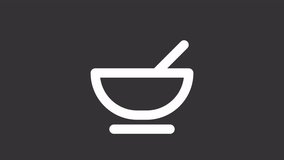 Animated hot meal white icon. Steam rising from soup bowl line animation. Room service. Hotel restaurant. Isolated illustration on dark background. Transition alpha video. Motion graphic
