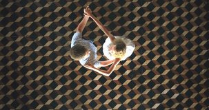 Dancing couple indoor footage from drone, aerial view. Traveling in Bali forbidden hotel for russian turists most popular