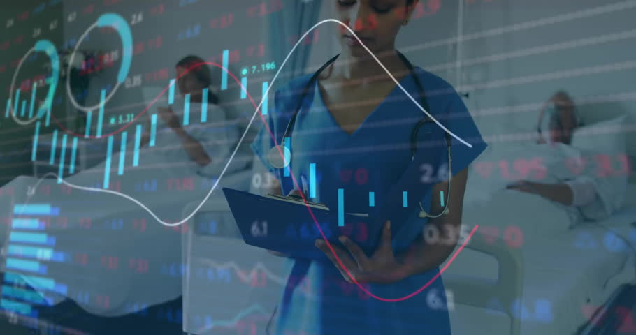 Animation of data processing and diagrams over biracial female nurse writing on clipboard. Technology, medicine and digital interface concept digitally generated video.