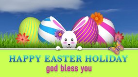 Happy easter holiday and god bless you greetings and beautiful bunny with decorated eggs, butterfly and flowers. - Powered by Shutterstock - Get 15% off with code: PIKWIZARD15