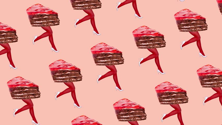 Stop motion, animation. Female legs in red tights with delicious cake body over pastel red background. Sweet tooth. Concept of art, creativity, food, design, surrealism. Abstract creative design