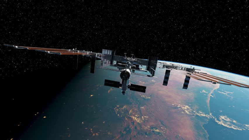 Illustartion of International space station in orbit above planet earth